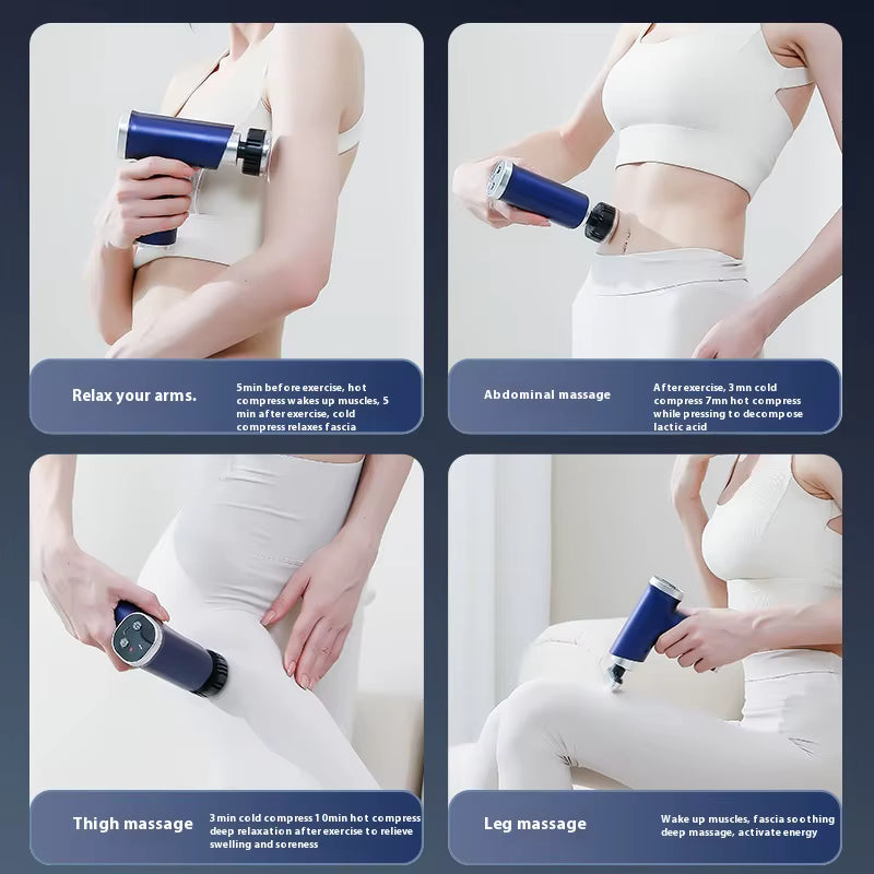 A person using a handheld massage device on different body parts with text describing the massage types.