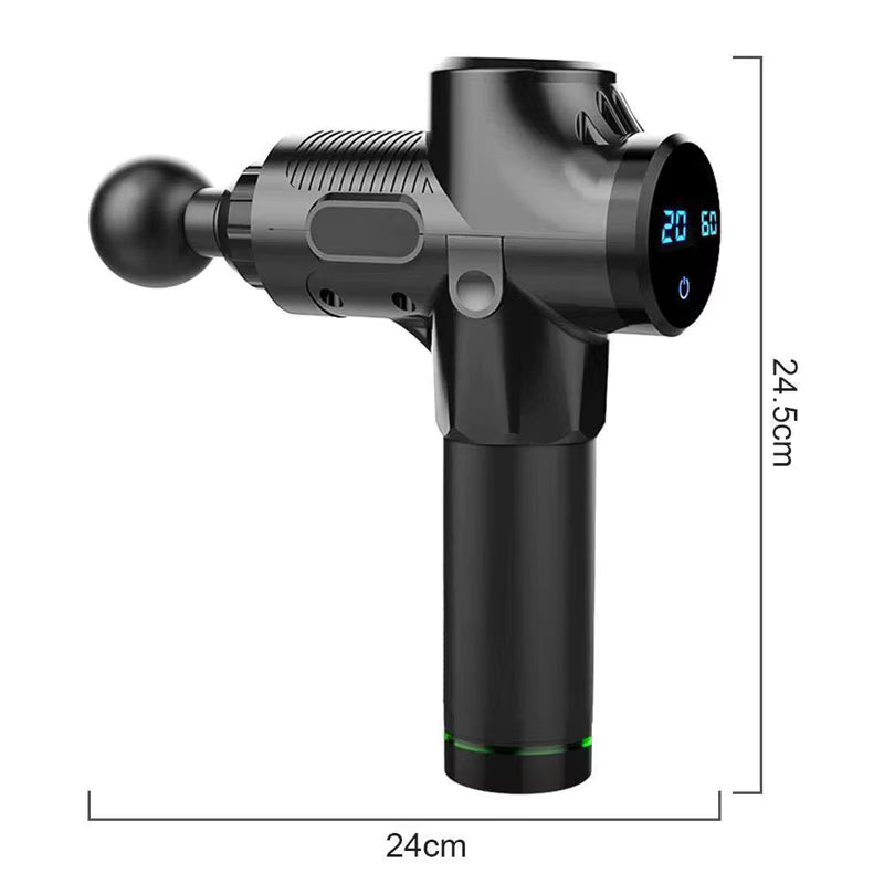 Black handheld device with digital display and measurement details on a white background
