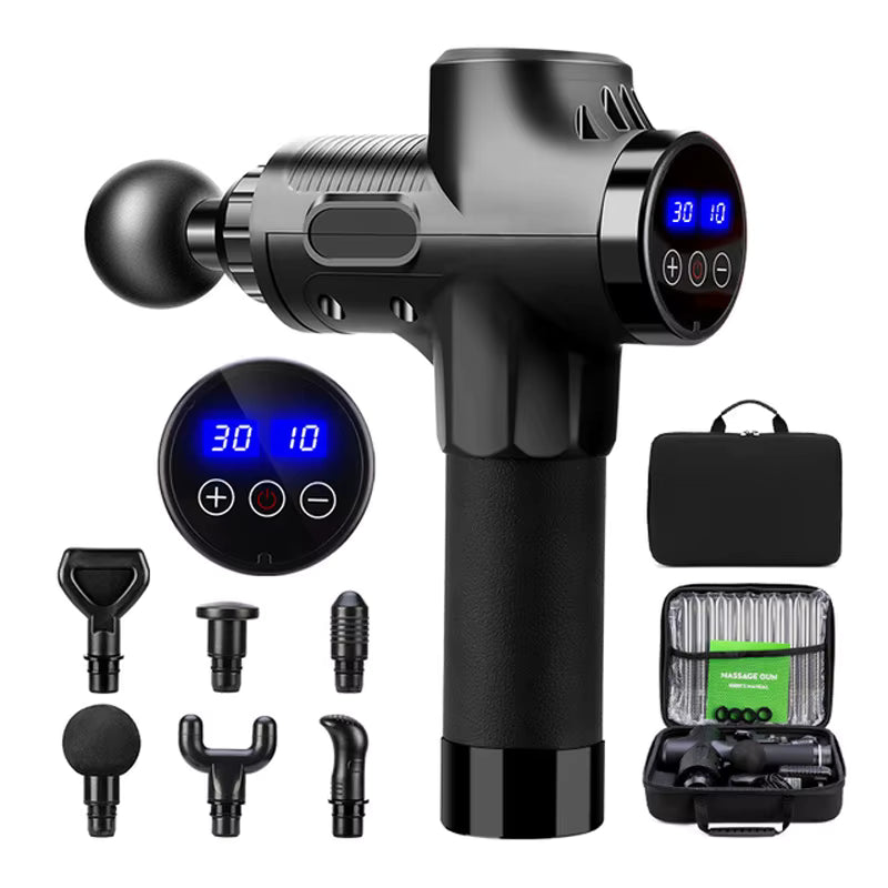 Black massage gun with attachments and digital display on a white background