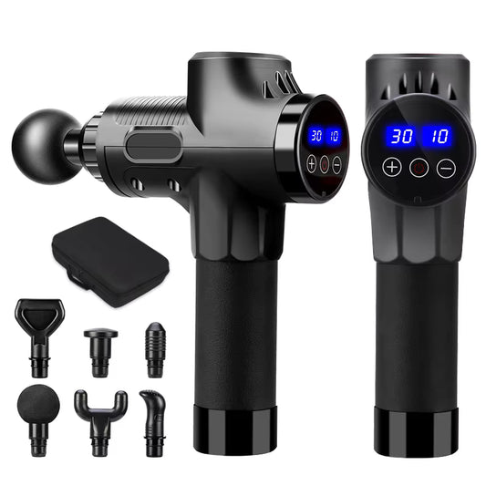 Black massage gun with attachments on a white background