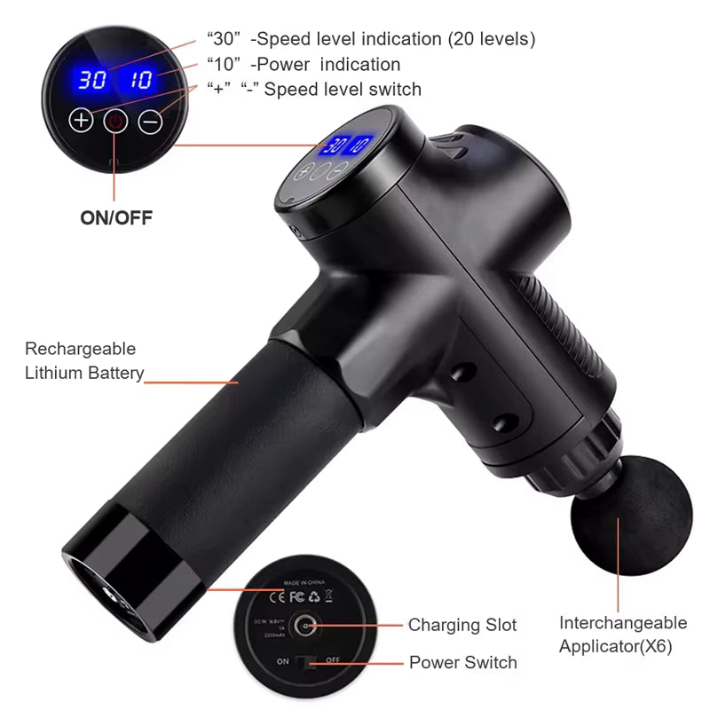 Black massage gun with labeled features on a white background