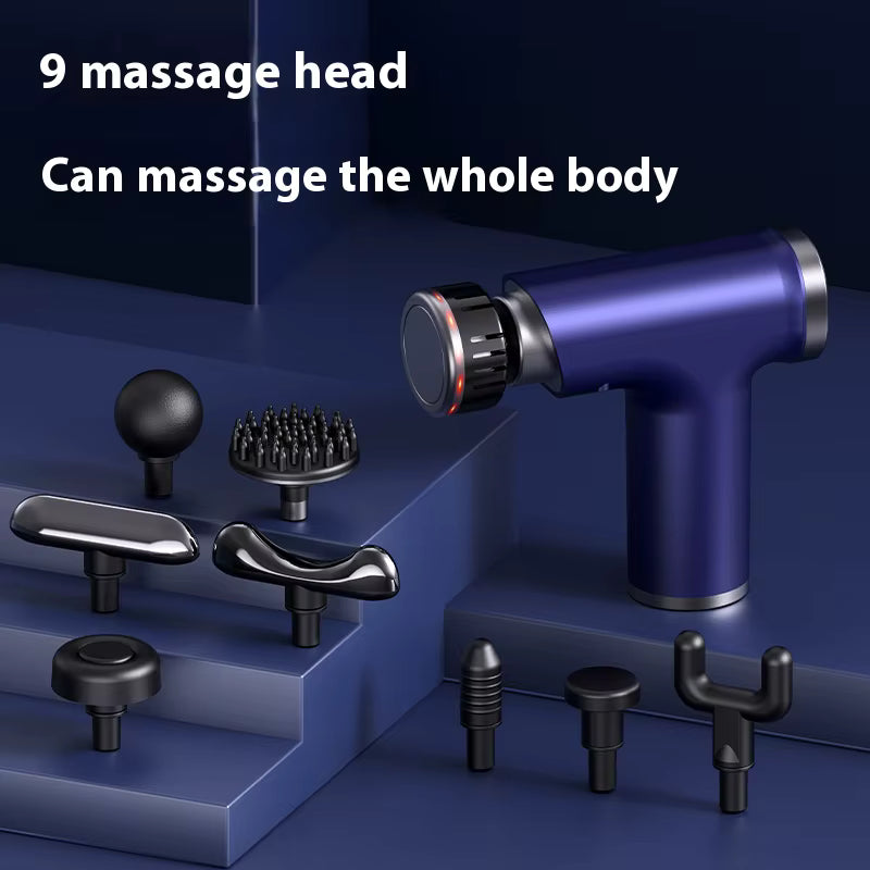 Massage gun with multiple massage heads on a blue background