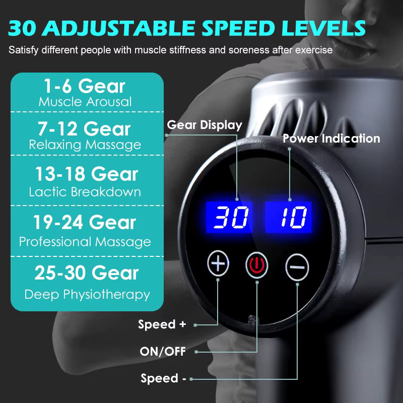Massage gun with speed and gear display on a black background