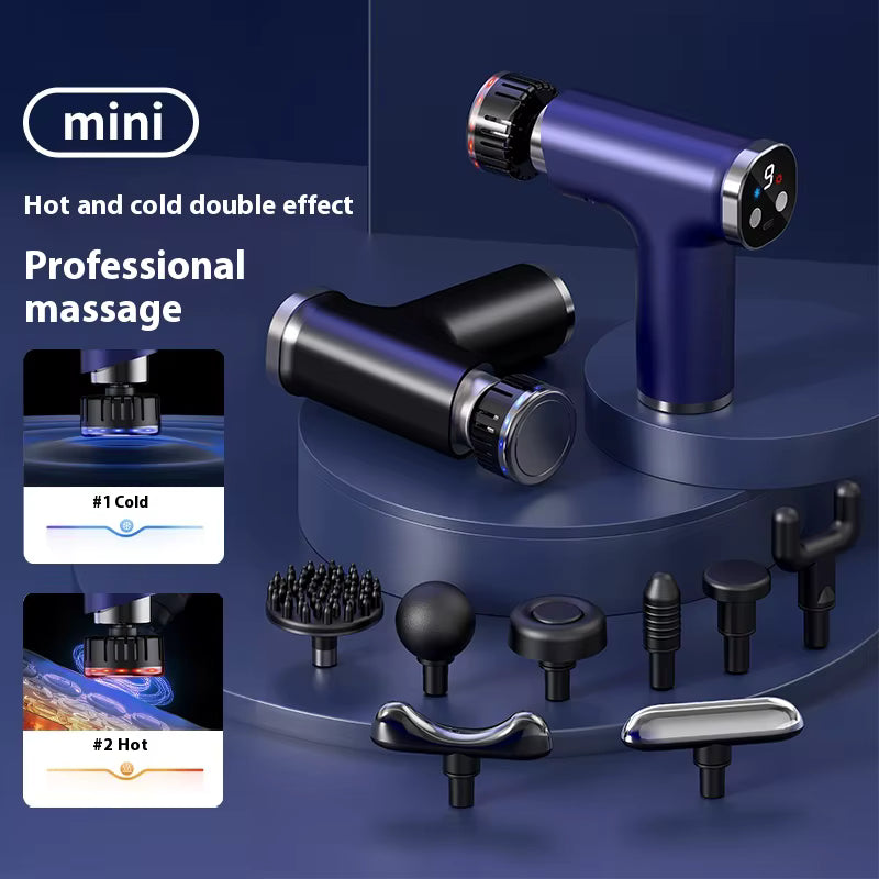 Mini massage gun with attachments on a dark blue background