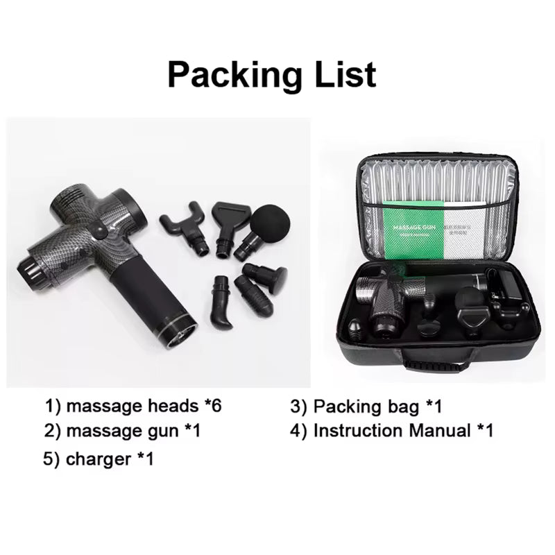 Packing list of a massage gun set with massage heads, gun, charger, and packaging on a white background.