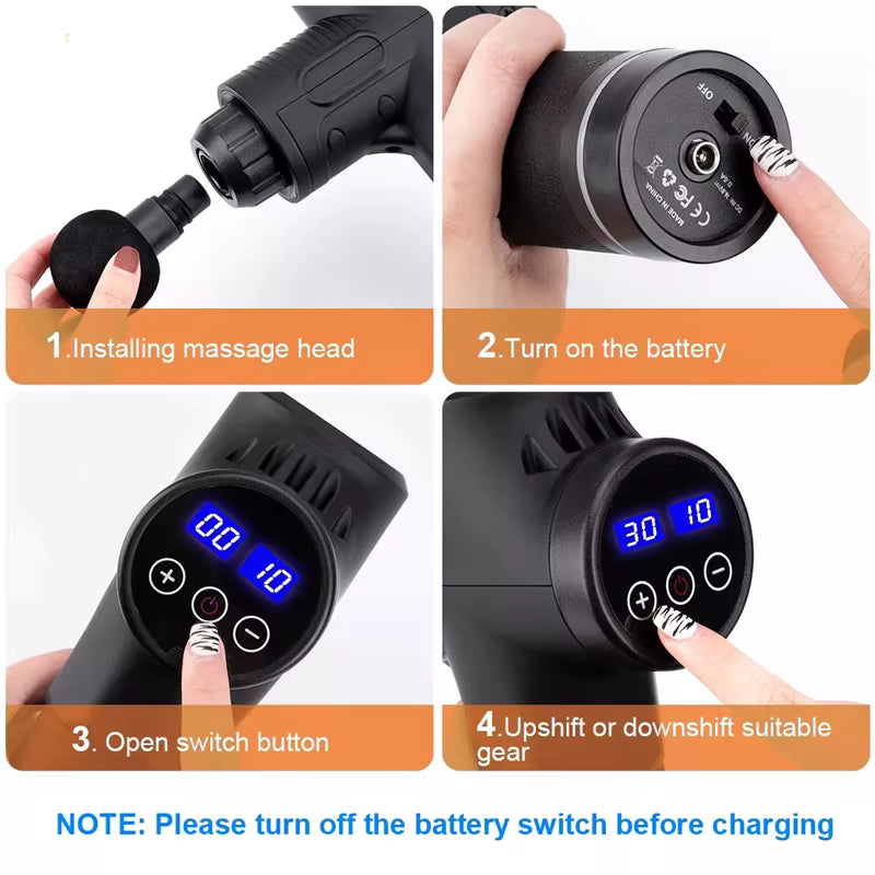 Step-by-step guide on using a massage gun with text instructions.
