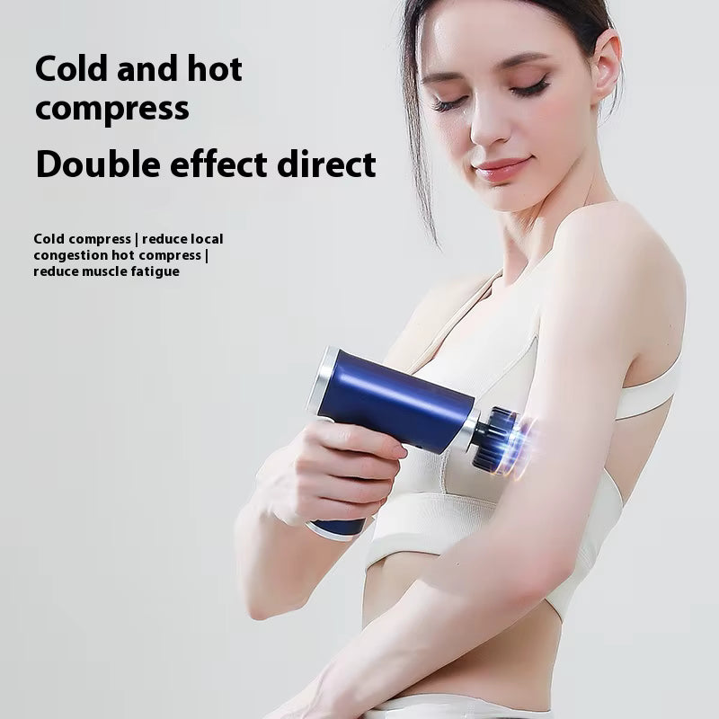 Woman using a cold and hot compress device on her shoulder with text describing its effects.