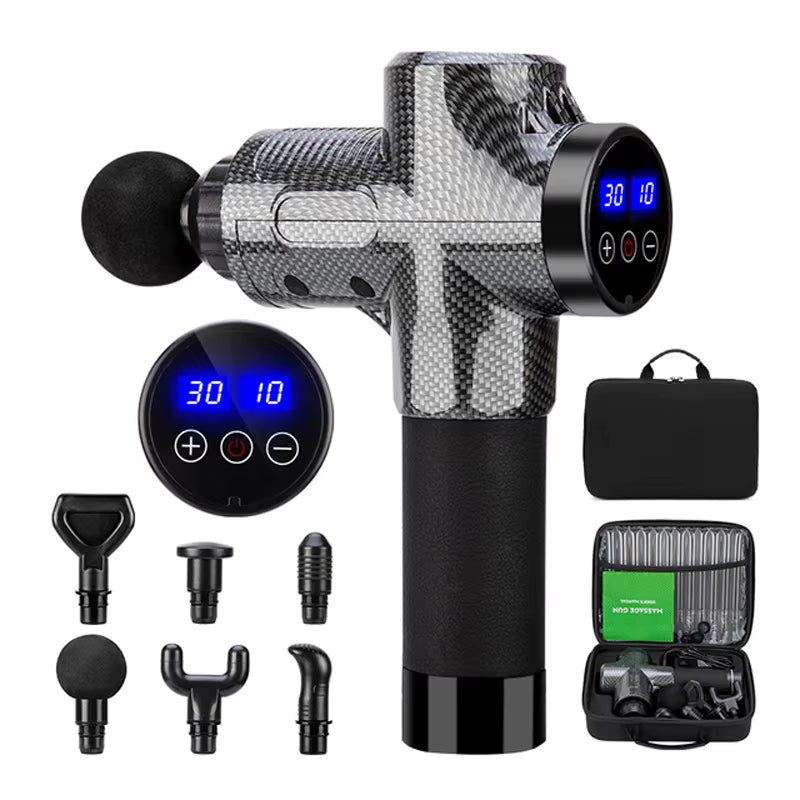 Massage gun with attachments and carrying case on a white background