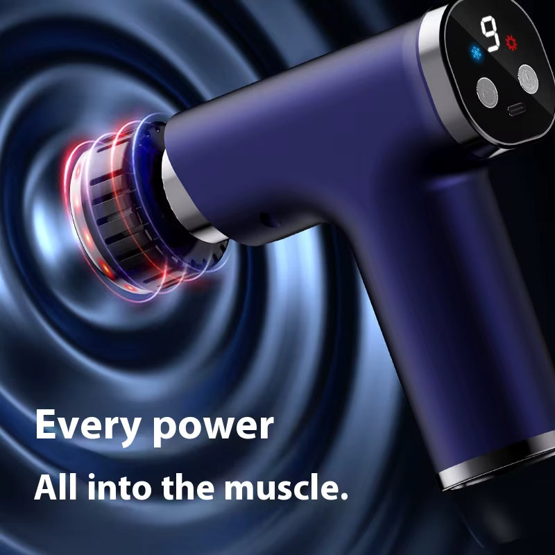 sapphire massage gun with digital display on a dark swirling background